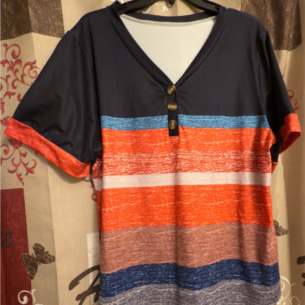 Striped V-Neck Buttoned Women's Top